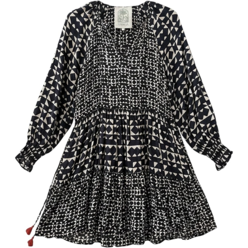 Sohalia Mini Dress S‎ Black White Geometric Block Print Tassel Boho Long Sleeve